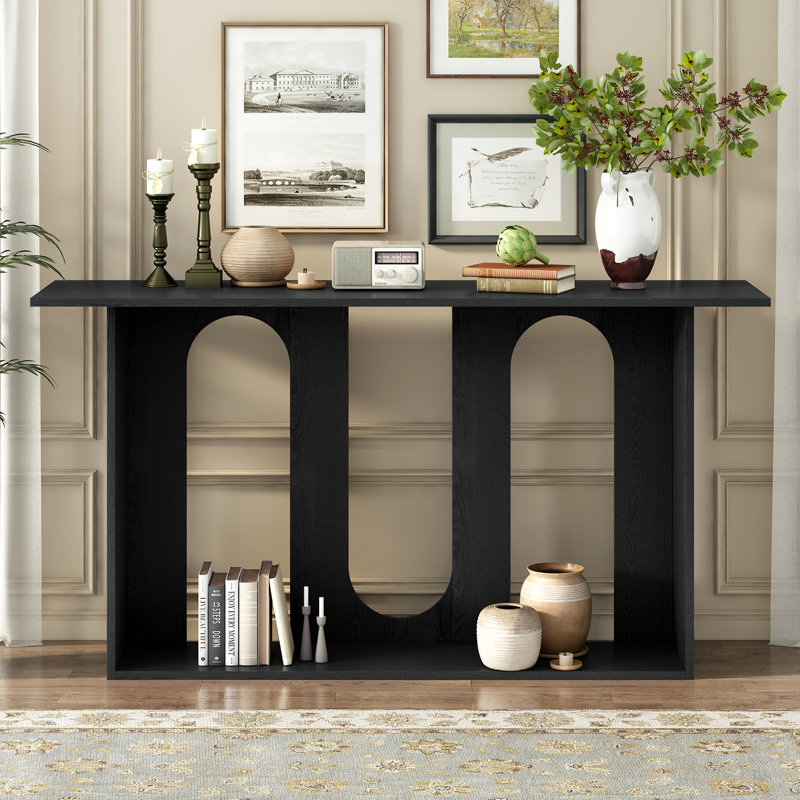 Modern and Curved Design Ash Veneer Console Table with Shelf, Black