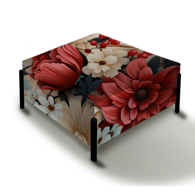 Coral Gingham Charm Floral Pattern - Floral Large Square Ottoman