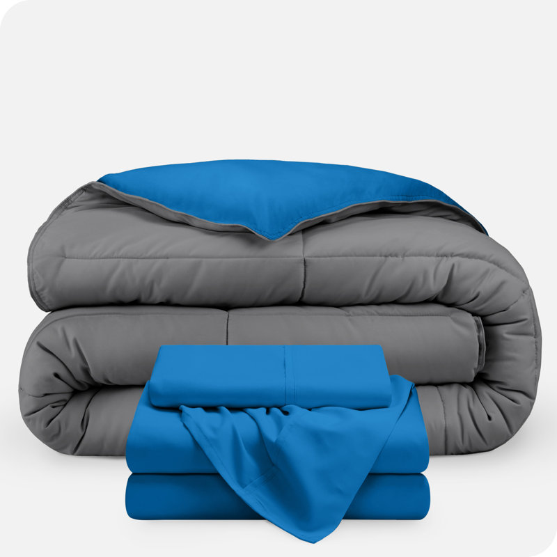Microfiber Reversible Bed-In-A-Bag, Twin Comforter + 1 Pillowcase, Medium Blue/Grey, Medium Blue