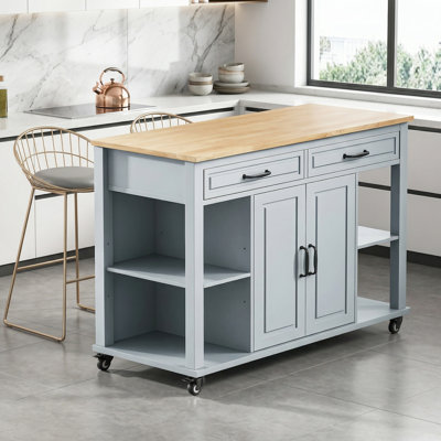 The Gray-Blue Kitchen Island Features A Retractable Rubberwood Veneer Dining Table With Storage Shelves, Power Outlets, And Two Drawers And Two Cabinets For Maximum Practicality.