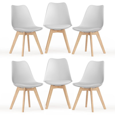 6 White Retro Tulip Dining Chairs With Padded Seats & Beech Wood Legs – Stylish Kitchen Seating
