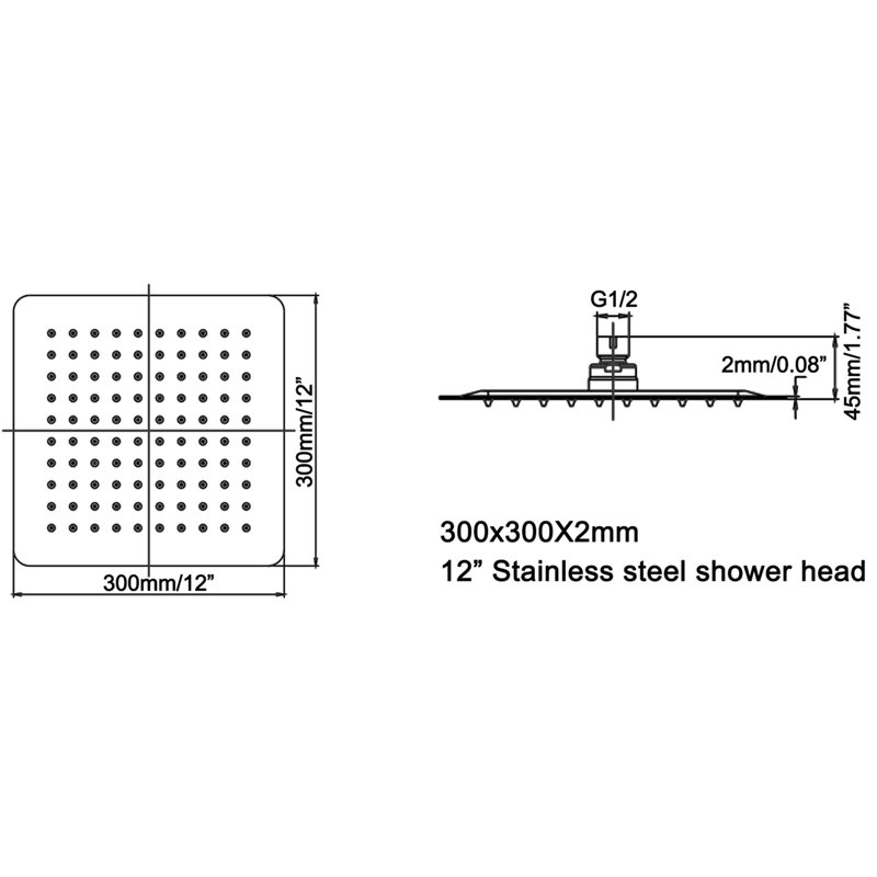 Pomme de douche carrée à fonctions multiples 304 en acier inoxydable 304 1,8 gal / min 12 pouces, Or brossé