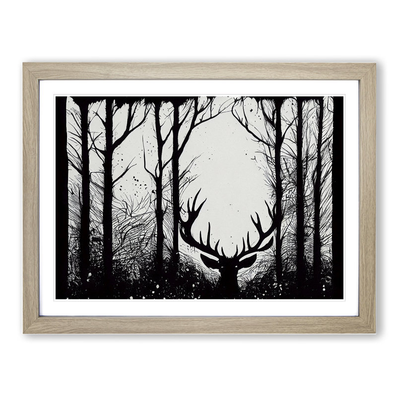 Stag Deer Forest Abstract - Single Picture Frame Print, Oak, 25cm H x 34cm W x 2cm D