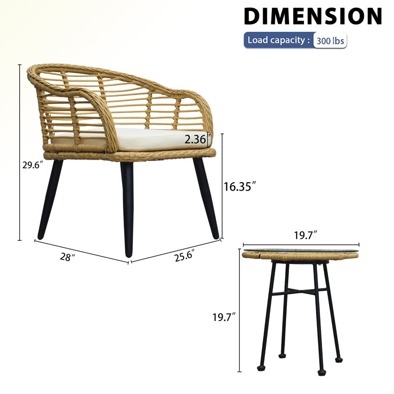 Ensemble de conversation en rotin avec coussins 3 pièces Gella