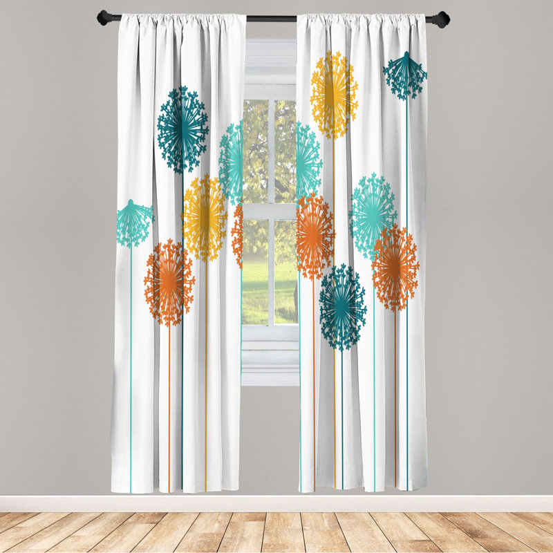 Microfiber Floral Semi-Sheer Rod Pocket Curtain Panels, 28" W x 95" L, White/Teal/Orange