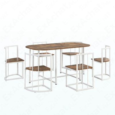 Ensemble de table de salle à manger moderne de 7 pièces avec table de cuisine compacte en faux marbre 55 pouces pour 6 personnes, blanc et cerisier