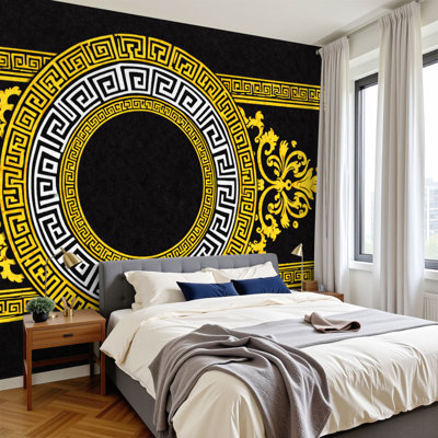 Pastel Peel and Stick Wallpaper border golden greek motif black Wall Murals 100"H x 144"W Removable PVC Wall Paper Self-Adhesive Wall Paintings Art Decor for Kids Bedroom Living Room