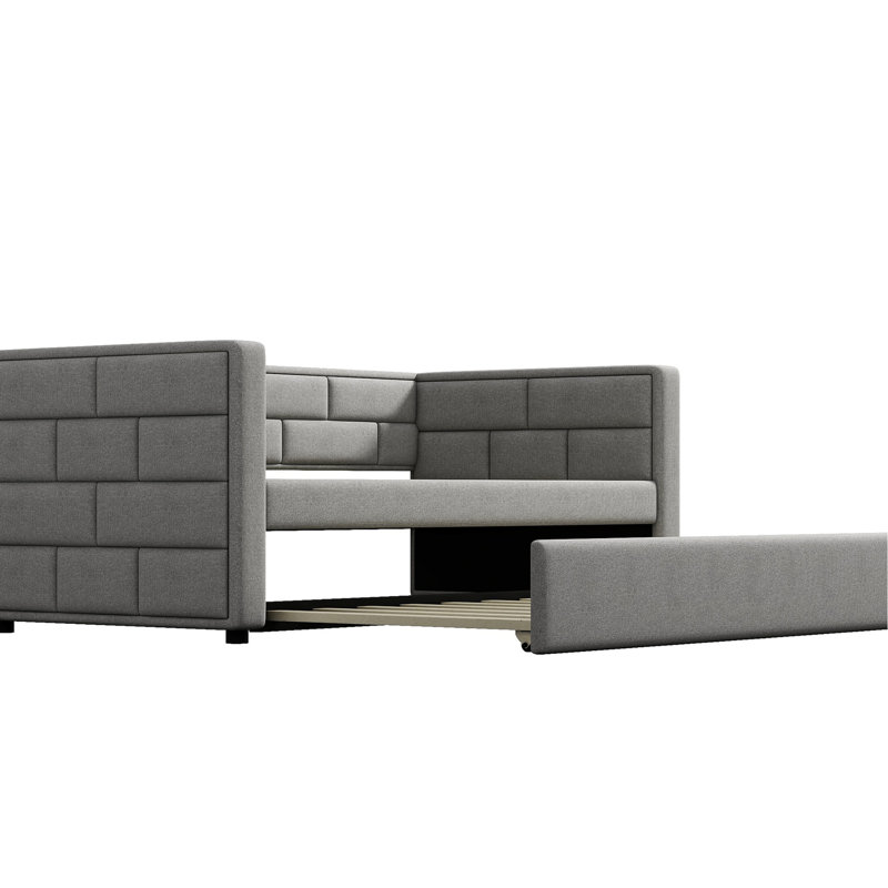 Twin Daybed With Trundle, Upholstered In Gray Comfort Padding Back Size Back, Construction