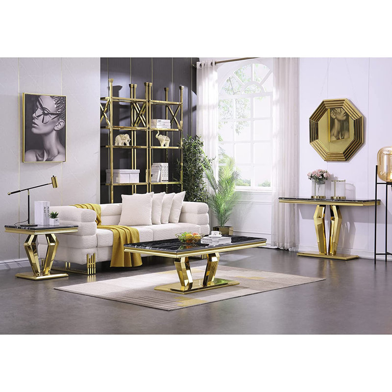 Liticia Coffee Table with Four Gold Geometric Mirror Bases and 48" Black Top