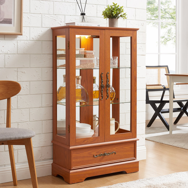 Vitrine lumineuse en verre avec tablettes réglables - Élégante vitrine à 2 portes et tiroir intégré, y compris l'ampoule - chêne foncé