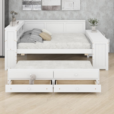 Modern Daybed with Storage Shelves, Drawers, Pull Out Trundle, Charging Station, LED Light, Desk and Cabinet