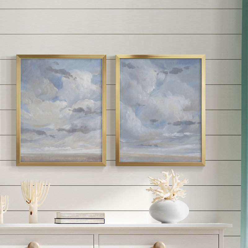Bleu ciel I, toile encadrée de qualité supérieure - prête à être accrochée, Papier avec cadre doré