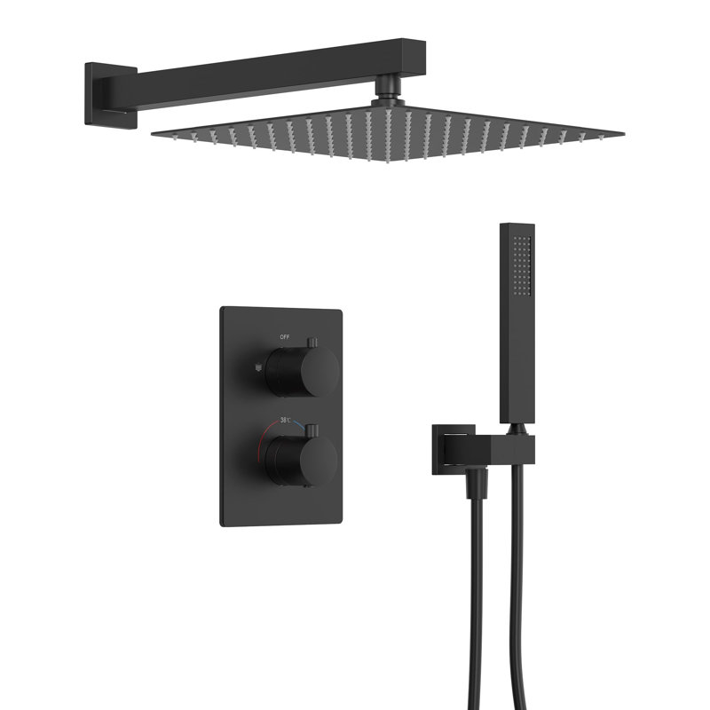 Concealed Thermostatic Shower System with Rain Shower, Chrome, Matte Black