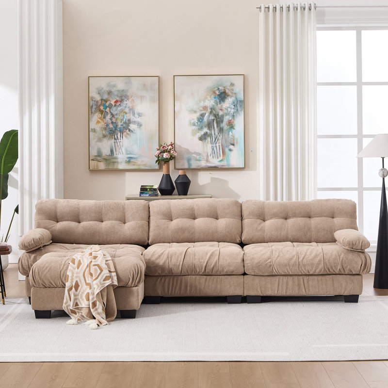 Modular Cloud Couch L-Shaped Sectional Sofa With Deep Seat And Movable Ottoman, 35" H x 123" W x 57" D, Light Brown