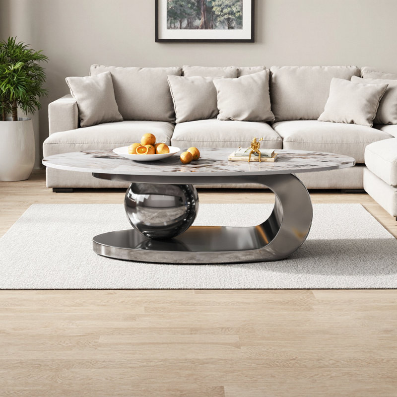 Table basse contemporaine ovale en pierre frittée avec base en acier inoxydable, Gris, blanc et multicolore