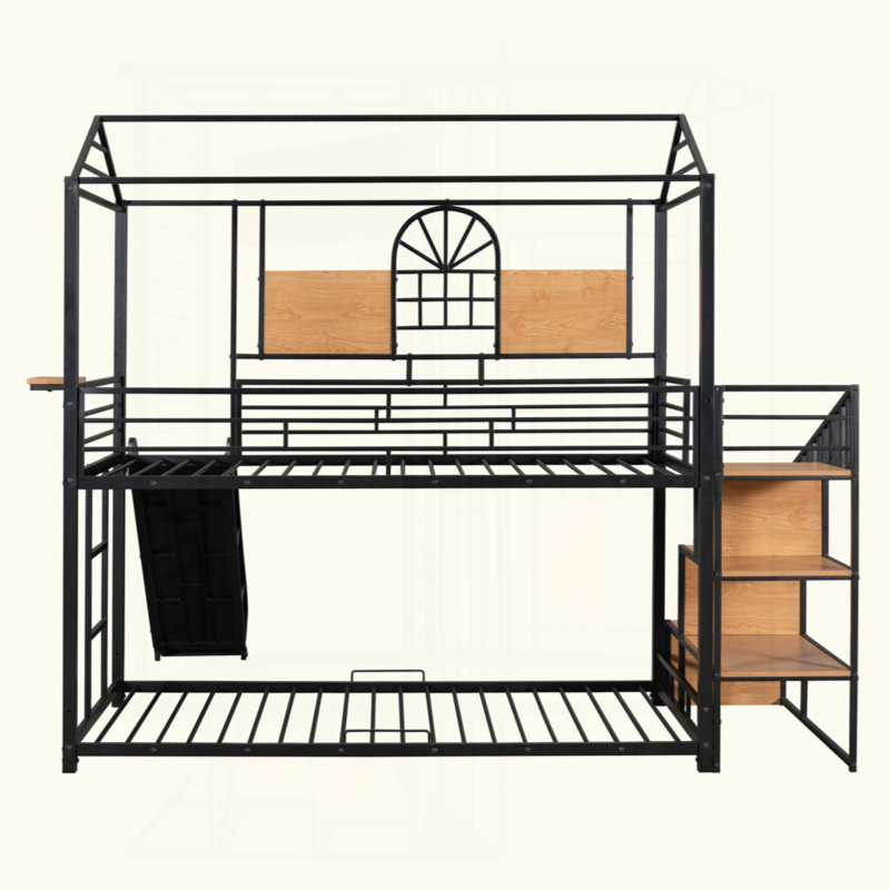 Lit superposé en métal, lit de maison en métal avec glissière et escalier de rangement, Black