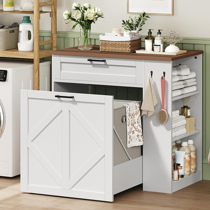 Armoire à linge coulissante avec 2 paniers de 42 litres, tablettes réglables, crochets et tiroir, White/Brown
