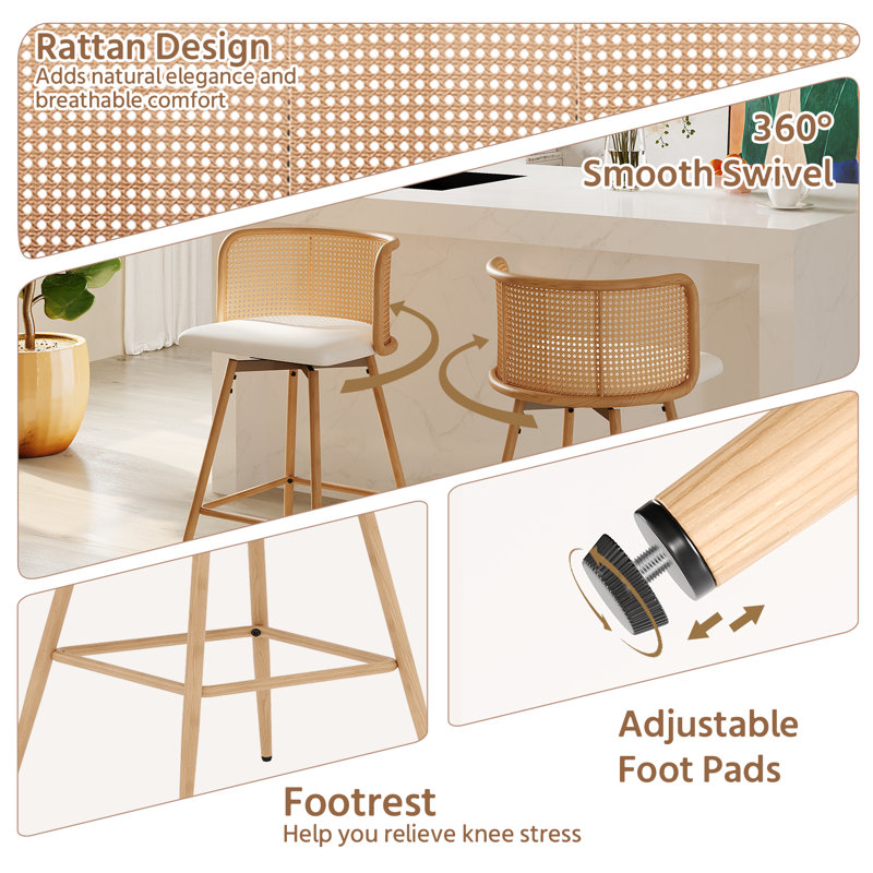 26"H Rattan Swivel Bar Stools Set Of 4, White