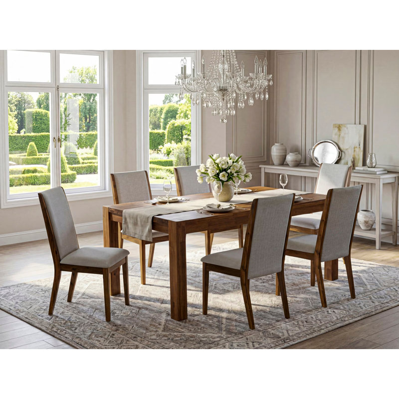 7 Piece Kitchen Table Set Consist of a Rectangle Rustic Wood Dining Table and 6 Grey Linen Fabric Parson Dining Chairs, Antique Walnut