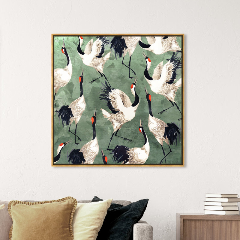 «Animals Grazing Cranes Birds», impression sur toile, H 40 po x l 40 po, Toile encadrée, Doré