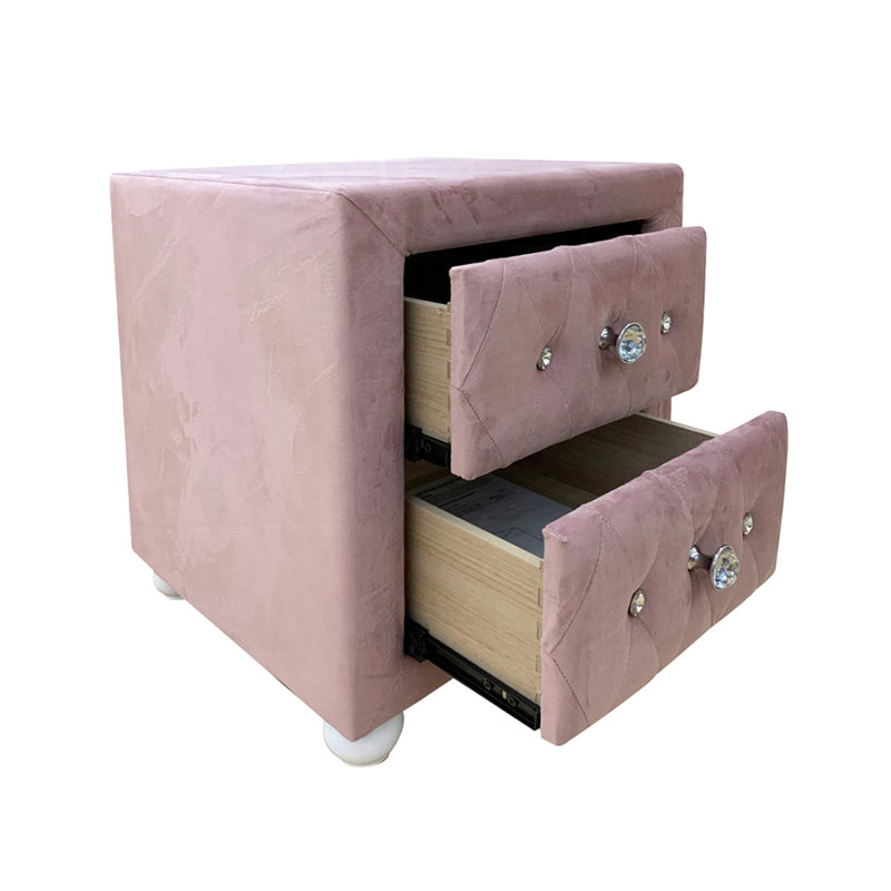 2 tables de chevet roses rembourrées - Panneau de particules +, poignées en tissu, poignées, mousse et bois tropical