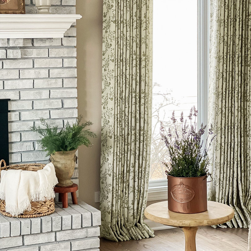 TWOPAGES Unlined Floral Curtain Printed Faux Linen Pinch Pleat Curtain, Porcelain, 52" W x 108" L