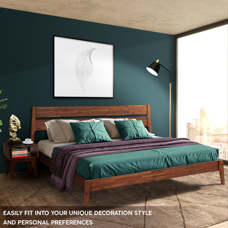 Ensemble de chambre à coucher 2 pièces - Structure de lit plateforme en bois massif et table de chevet assortie, style scandinave moderne Mid-Century, capacité de 800 lb, aucun sommier nécessaire