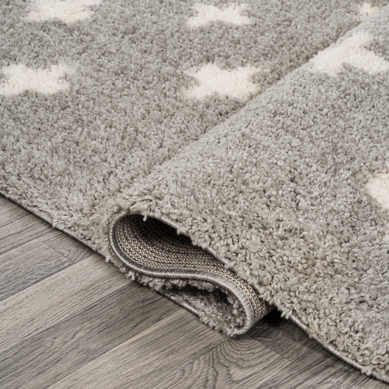 Kaleya Berber Geometric Shag Gray/Ivory Rug, Rectangle 5'1" x 8'