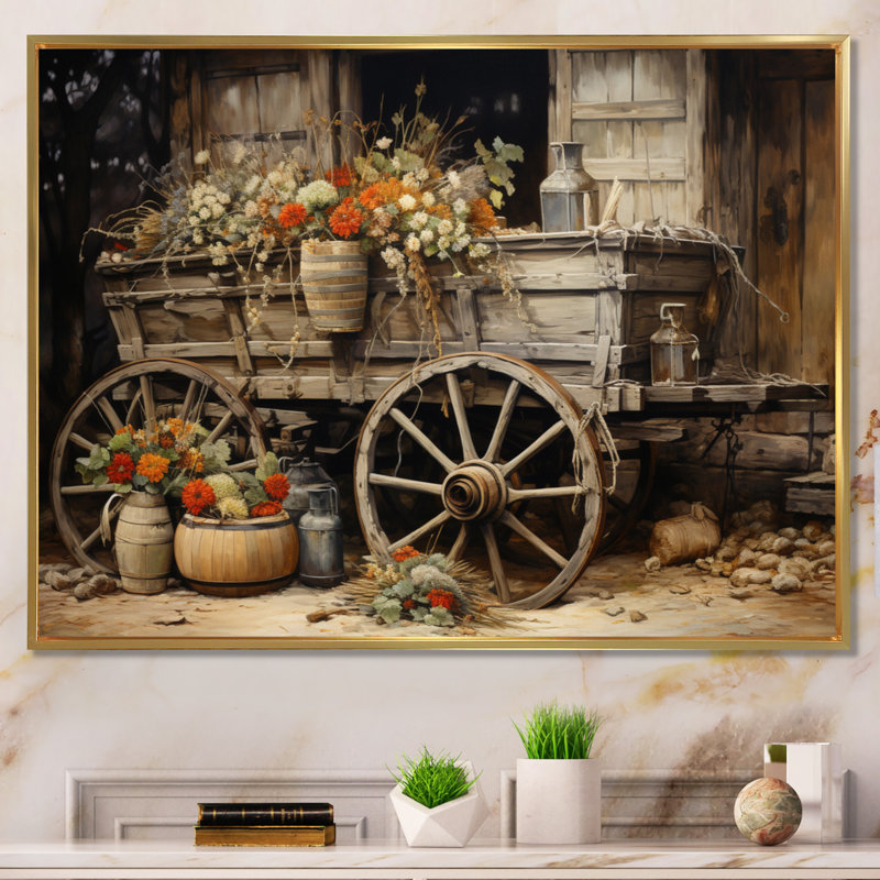 «Grey Old Cart Of Flowers I» - impressions sur toile de vieux chariot américain, H 34 po x l 44 po x P 1,5 po