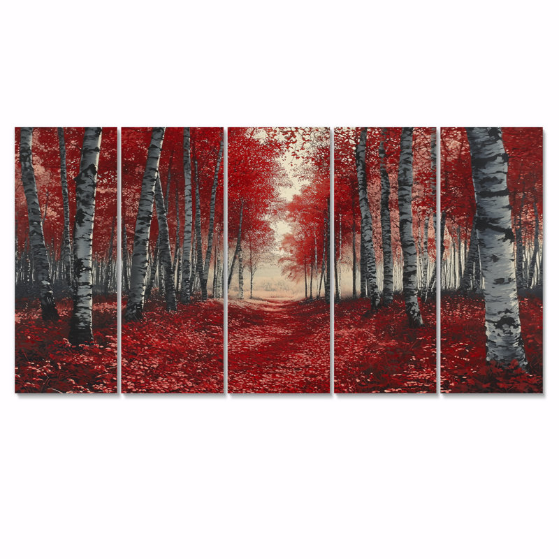 «Red Birch Trees Forest Path Panorama II», ensemble d'art sur toile, H 32 po x l 80 po