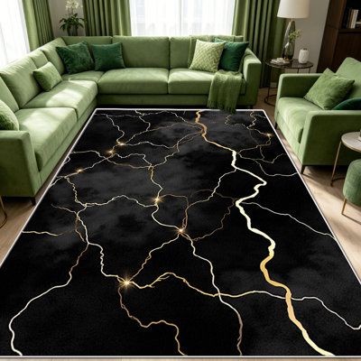 Tapis en marbre noir doré de 1 pièce, élégant tapis décoratif polyvalent, facile à nettoyer et à entretenir, pièce de mobilier idéale pour la chambre à coucher, le salon, le couloir, le vestibule, le dortoir et le bureau afin de rafraîchir l'ambiance intérieure de votre maison