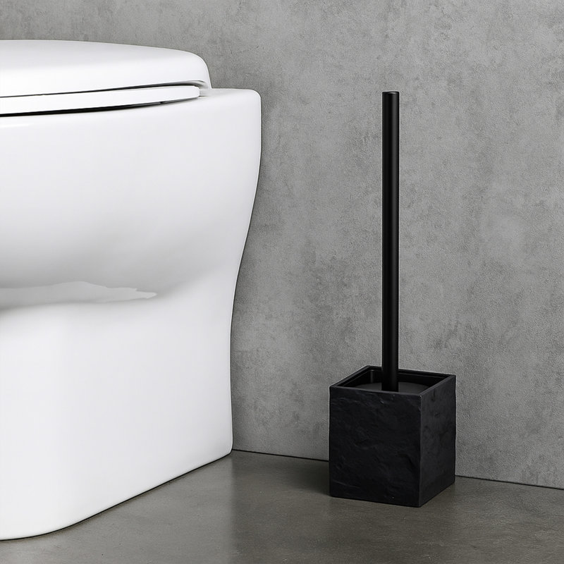 Ensemble de brosse de toilette carrée et porte-pierre effet pierre, Noir, noir, noir, noir