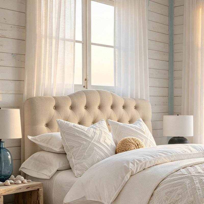 Tête de lit à hauteur réglable avec revêtement en lin et capitonnage pour la chambre à coucher, Grand lit, Beige