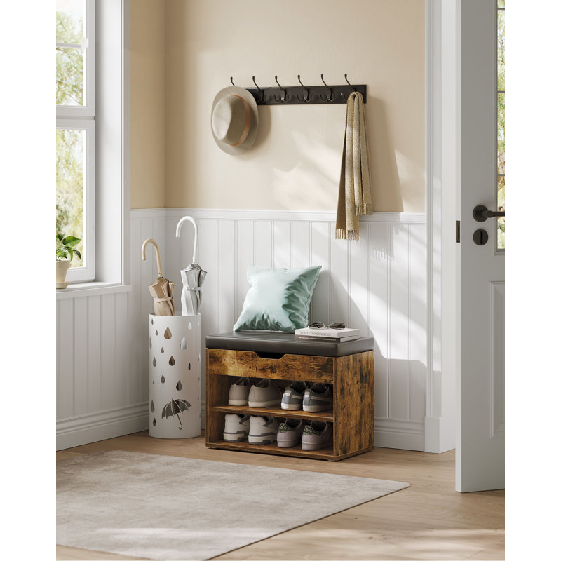 Saer 6 Pair Shoe Storage Bench, Rustic Brown, Black