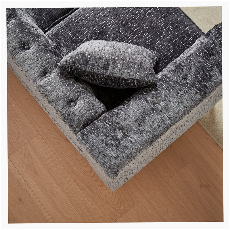 Canapé modulaire en L Chenille de 5 places de 81,5 pouces avec garniture cloutée et coussins en chenille, Gris chenille