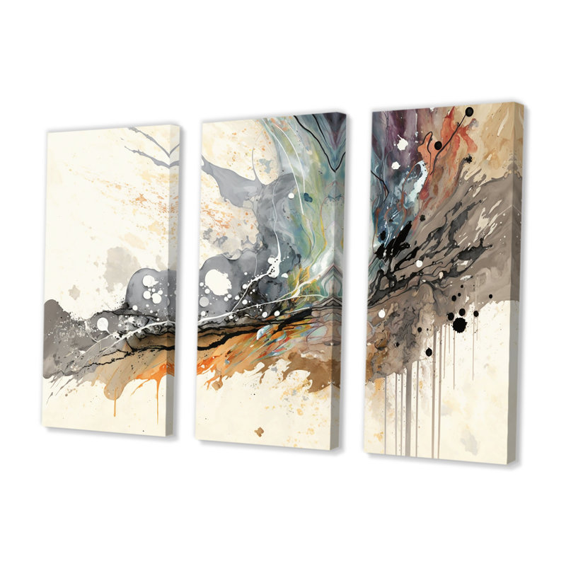 «Jazz Rhythms In Shades Of Grey III», ensemble d'art mural abstrait à l'encre liquide, H 20 po x l 36 po, Toile tendue