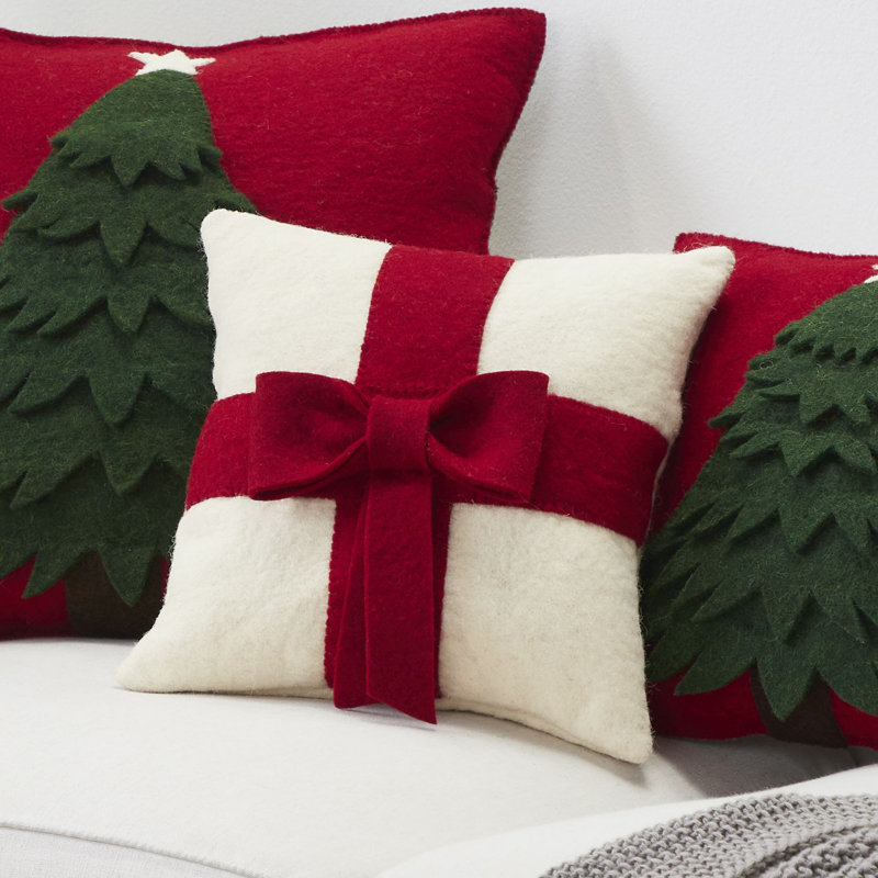 Christmas Pillow Cover in Hand Felted Wool - 20", Cream/Red bow, Pillow (includes insert), 14" x 14"