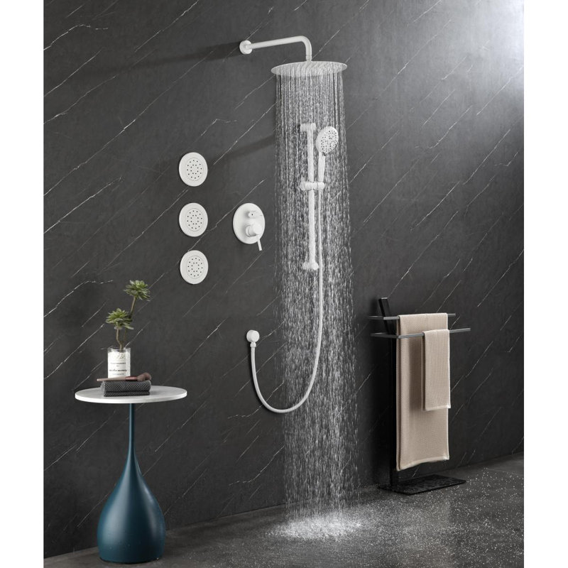 Shower System With Shower Head, Hand Shower, Slide Bar, Bodysprays, Shower Arm, Hose, Valve Trim, And Lever Handles