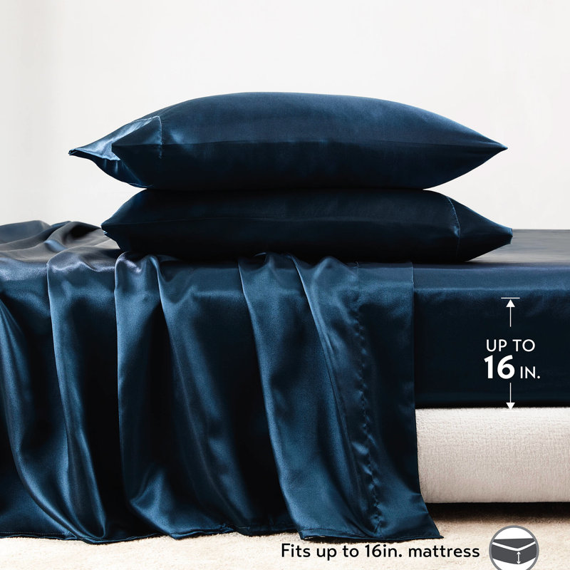 2 taies d'oreiller standard 100% satin de minuit bleu minuit, froissées, douces pour la peau, texture lisse, ouvertes, réduisent les bris