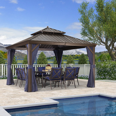 Tente de pavillon d'extérieur à toit rigide en métal 12 pi x 12 pi avec toit et abri de patio