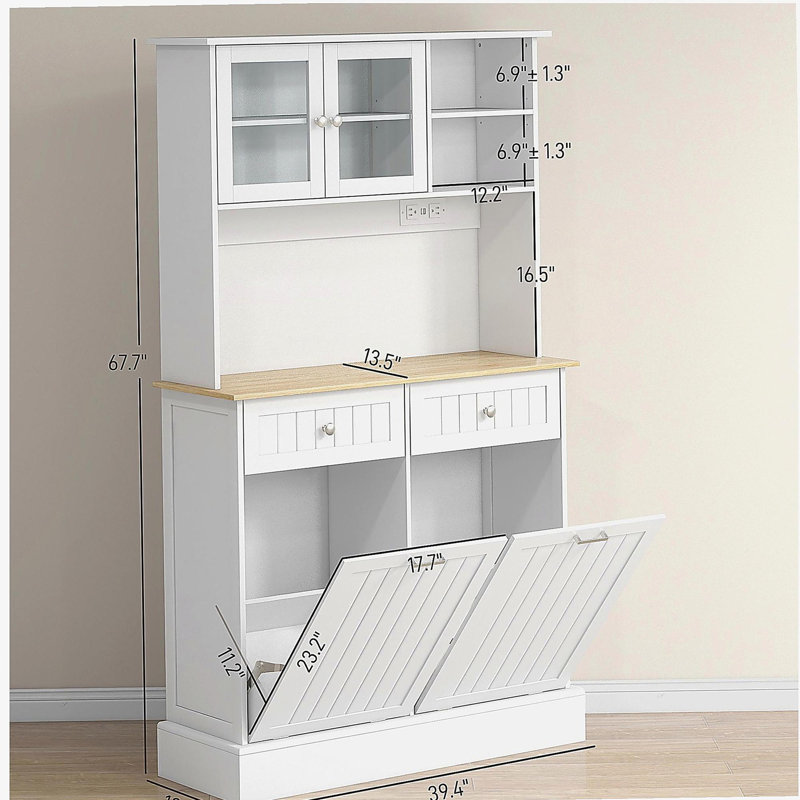 HOMCOM 68 Inches Kitchen Storage Cabinet with Charging Station, 2 Slanting Trash Cans and Microwave Rack, Freestanding Kitchen Wall Cabinet with Glass Door and Adjustable Shelves, White