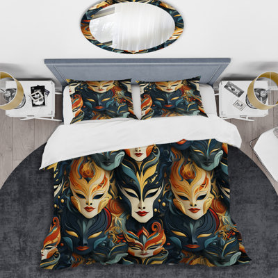 Noh Theatre Masks - Ensemble de housse de couette abstrait - Microfibre de polyester