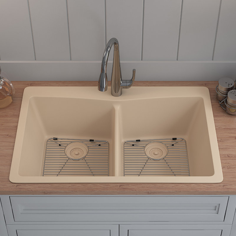 Lexicon Platinum 33-Inch Quartz Composite Drop-in Undermount 50/50 Double Bowl Kitchen Sink with Rear Drain Style includes Accessories 2 Stainless Steel Grids, 1 Basket Drain Strainer, and Flange