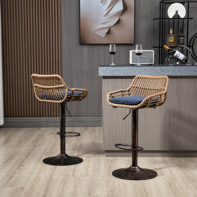 Adjustable Counter Height Chairs Of 2 In Blue Linen, With Footrest For Home Kitchen Use 2Pcs Dining And Area