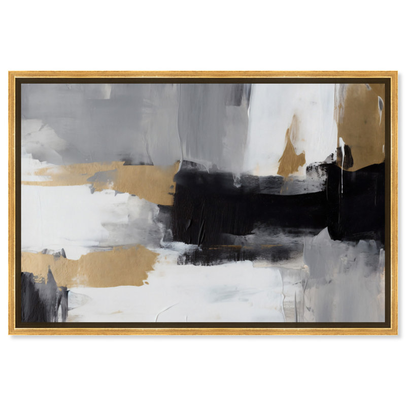 Toile dorée sur gris, art moderne noir et blanc par Art Remedy, H 31 po x l 46 po, Cadre argenté