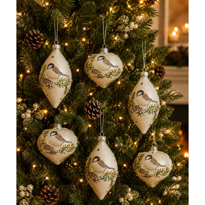 Ornements de Noël en forme de mésange en verre avec des accents de conifère, ensemble de 6