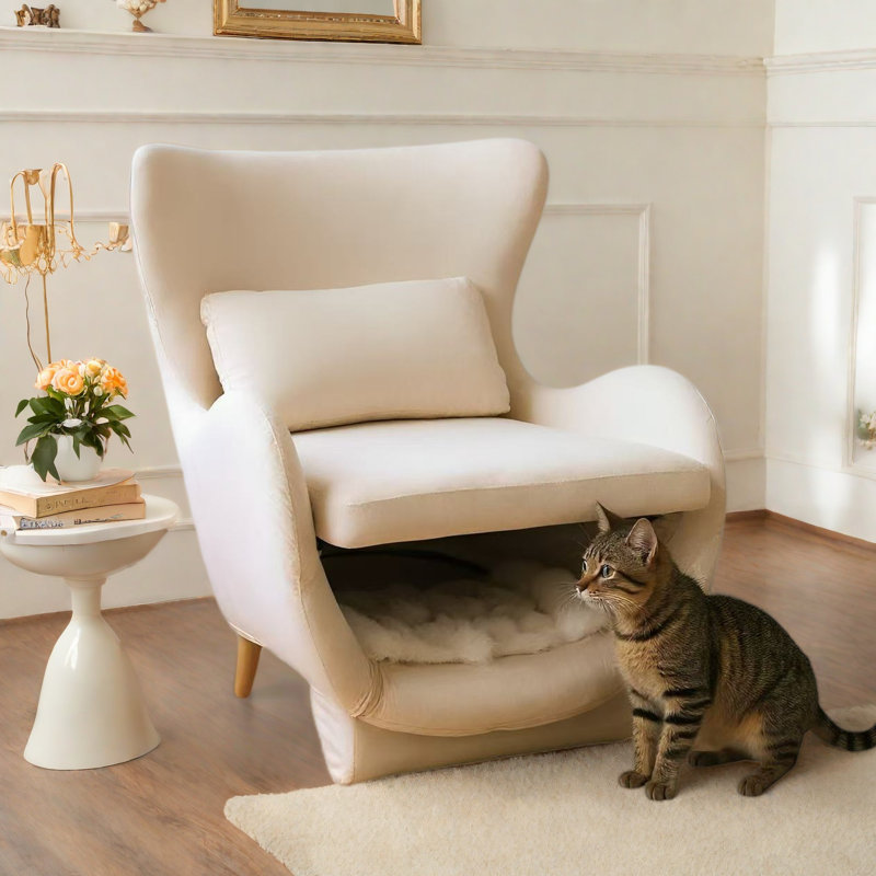 2 In 1 Modern Velvet Accent Chair With Free Padded Cushion And Pet Friendly Space, White