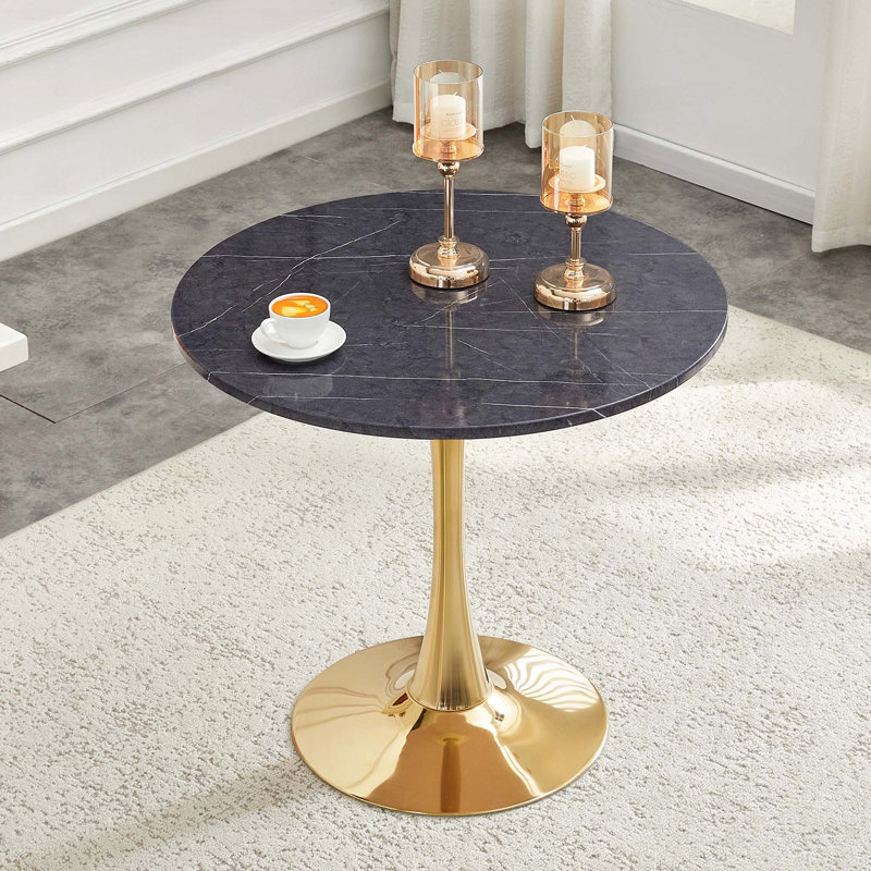 31.5" Round Tulip Table - Faux Marble, Pedestal Base, 2-4 Seats, 28.3" H x 31.5" W x 31.5" D, Black/Gold