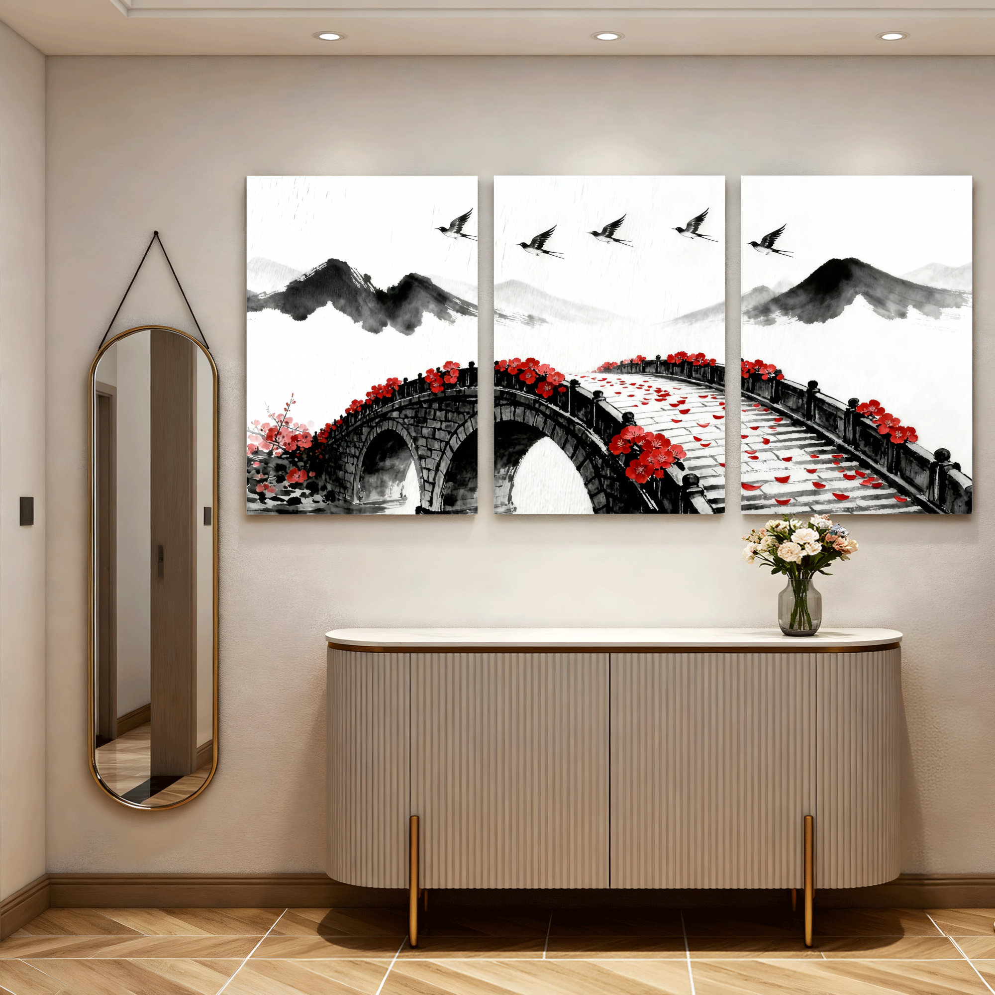 Winston Porter Chinese Ink Landscape with Red Blossom Bridge Canvas ...