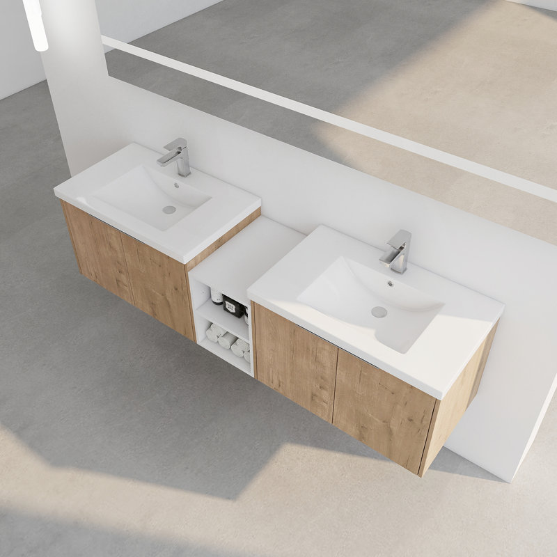 Meuble-lavabo à fermeture en douceur avec lavabo, 71.1", Imitation chêne